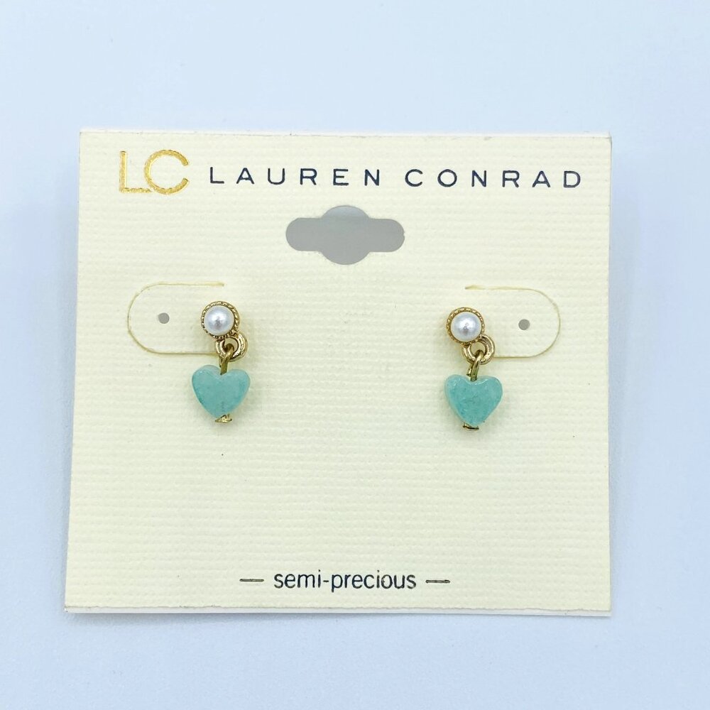 LC Lauren Conrad Blue Goldtone Heart Dangle Earrings New - Picture 1 of 4
